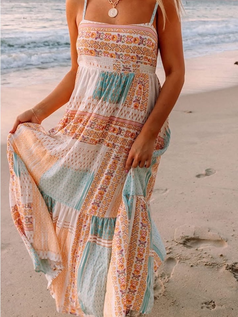 Patchwork Maxi Sundress in Aqua & Peach